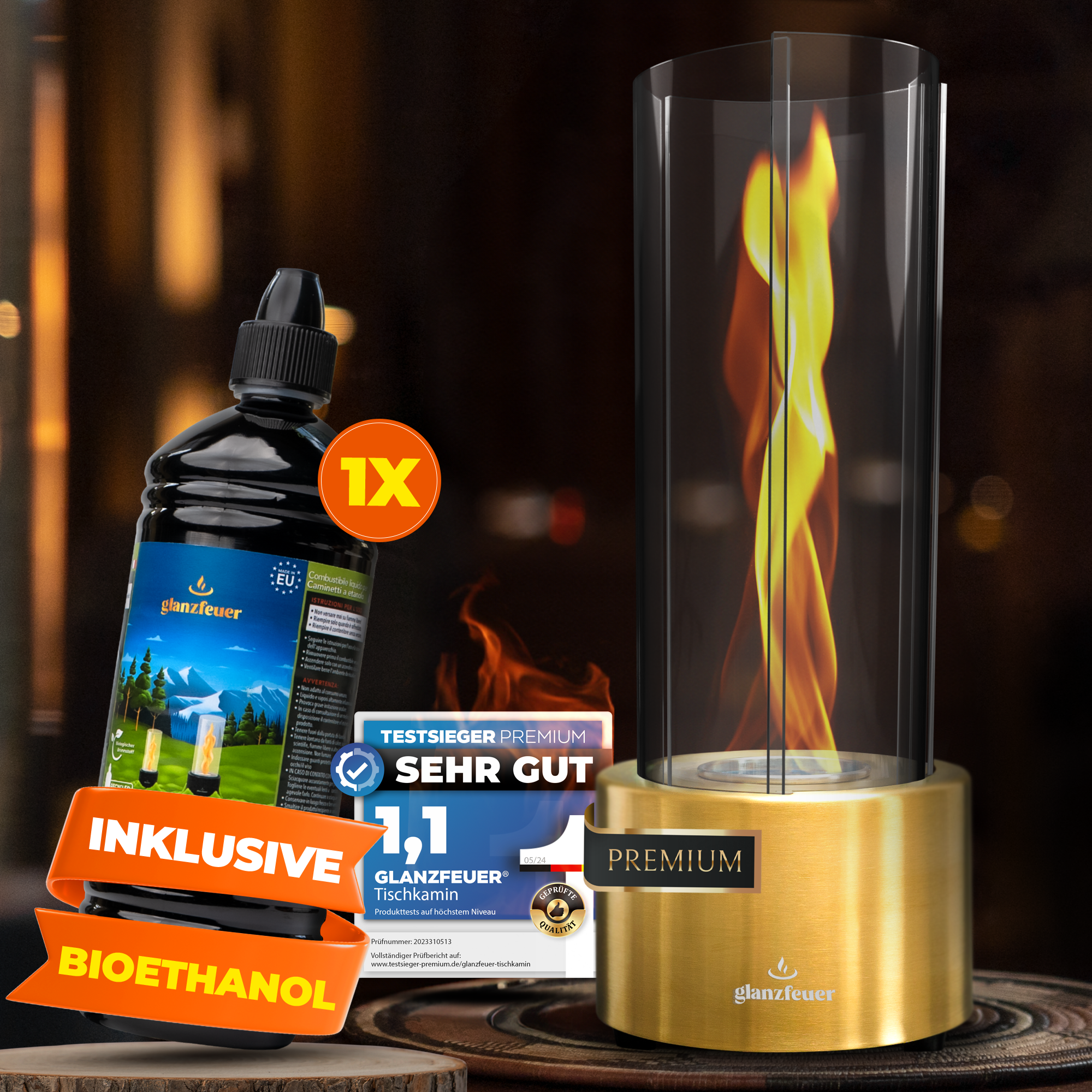 Enivara Premium Tischkamin [Gold] inkl. 1 L Bioethanol flüssig