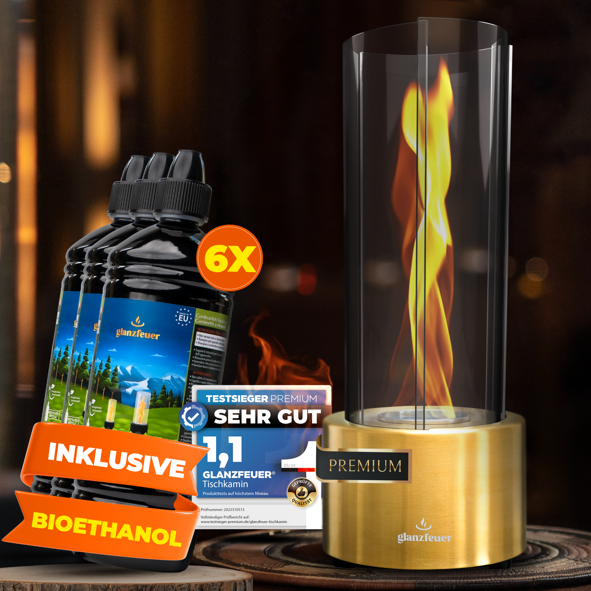 Enivara Premium Tischkamin [Gold] inkl. 6 x 1 Liter Bioethanol flüssig