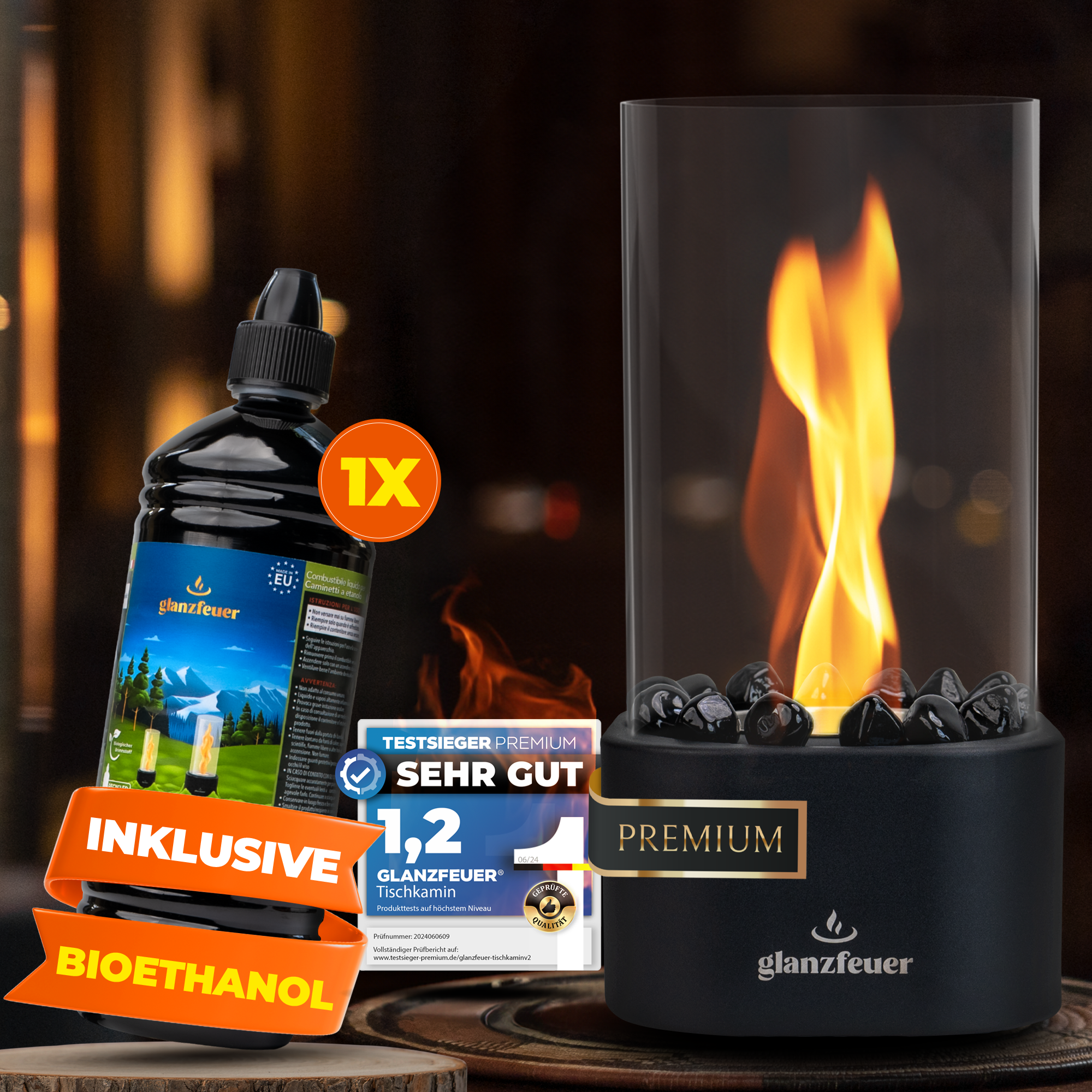 Vahara Premium Tischkamin [Schwarz] inkl. 1 L Bioethanol flüssig